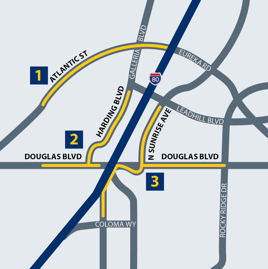 Map highlighting key retail corridors on Douglas-Harding, Douglas-Sunrise, and Atlantic Street.